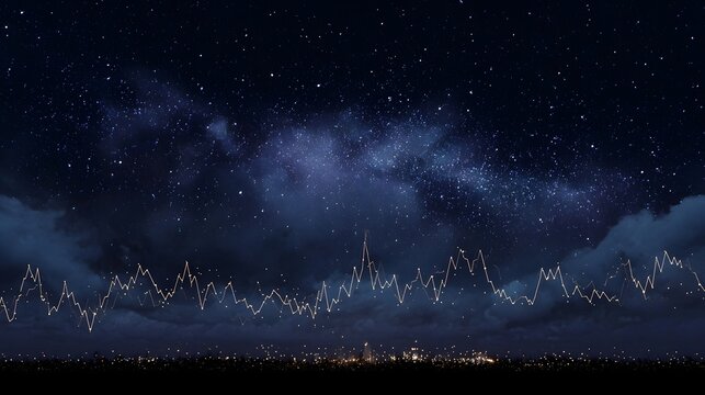 An abstract representation of data trends visualized against a starry night sky over a glowing cityscape - Powered by Adobe