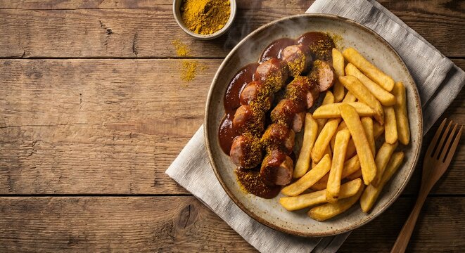 Delicious Currywurst and French Fries Platter.