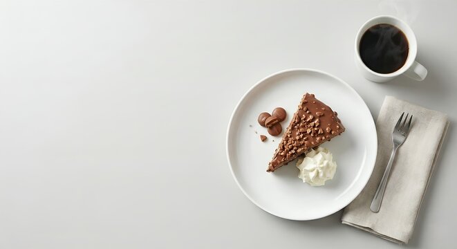 Delicious slice of cake with cream and coffee on a white table.