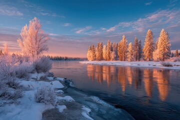 Snowy forest panorama at sunset along a frozen waterway, blue sky and tranquil reflections