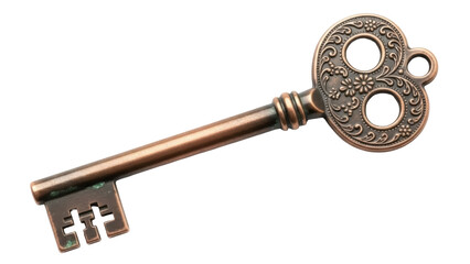 Isolated old fashioned key with intricate details, antique style metallic key for lock