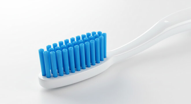 Brosse a dents blanche aux poils bleus eclairage clair detail essentiel pour une hygiene buccale impeccable. AI Generated