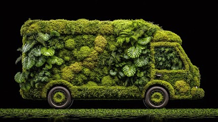 A truck covered entirely in lush green vegetation, showcasing mosses and leafy plants. The tires and ground also boast a vibrant green cover, set against a stark black background.