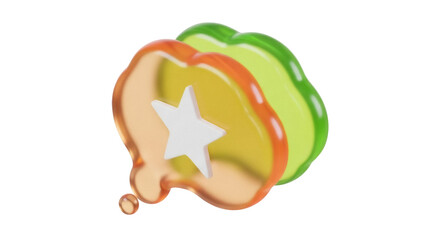 Isolated 3D speech bubble icon with star shape symbol; communication, feedback, review, rating