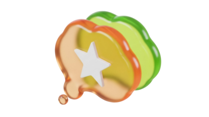 Isolated 3D speech bubble icon with star shape symbol; communication, feedback, review, rating