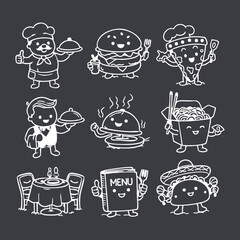 Chalkboard Style Cute Food and Restaurant Character Icons Collection