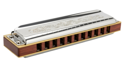 Isolated Shiny Harmonica with Wood and Silver Detailing for Musical Expression on Stage