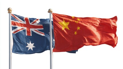 Flags of Australia and China are displayed side by side on flagpoles during an event in a public space