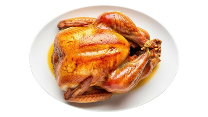 Isolated, delicious golden-brown roasted chicken on plate, prepared for Thanksgiving dinner