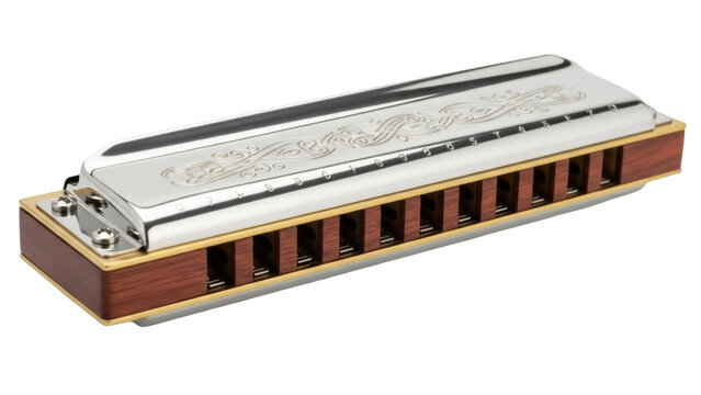Isolated Shiny Harmonica with Wood and Silver Detailing for Musical Expression on Stage