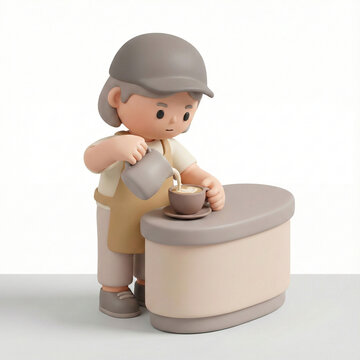 Barista cleaning cafe counter with cloth, 3D illustration