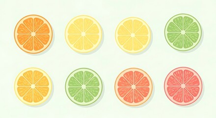 Collection of Fresh Citrus Fruit Slices on a Light Background.