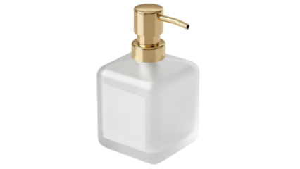 Isolated frosted glass soap dispenser with golden pump, bathroom item, toiletries container