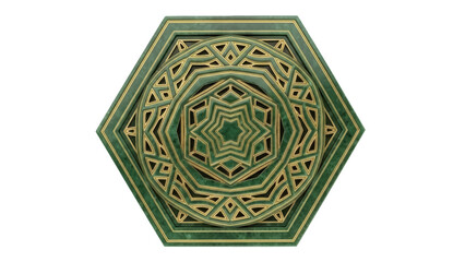 Isolated ornamental green and gold pattern, carved relief, geometric design, wood art