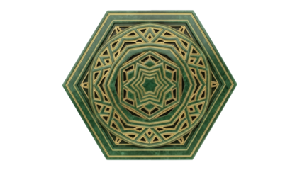 Isolated ornamental green and gold pattern, carved relief, geometric design, wood art
