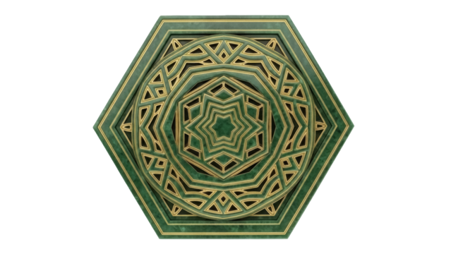 Isolated ornamental green and gold pattern, carved relief, geometric design, wood art - Powered by Adobe