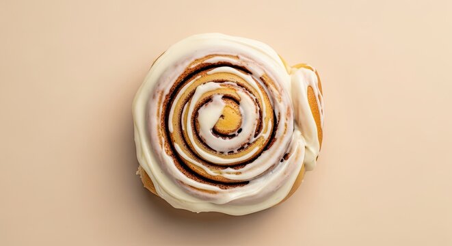Delicious cinnamon roll with creamy frosting isolated on a pastel background in studio shot ready