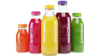 Isolated assortment of colorful fresh-pressed fruit and vegetable juices in glass bottles on display