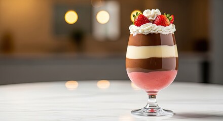 Delicious layered dessert in glass with strawberry cream and chocolate layers