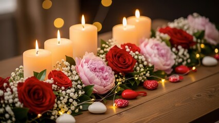 Obraz premium Romantic Table Setting with Candles and Flowers for a Special Occasion.