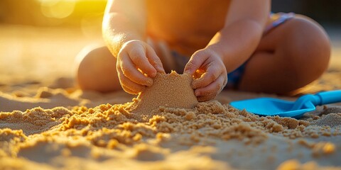 Child building sandcastle on beach at sunset, golden hour fun