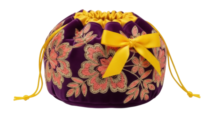 Isolated velvet gift bag with golden embroidery flowers and yellow satin ribbon on the front side