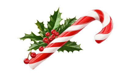 Naklejka premium A red and white cane with berries on it. The cane is surrounded by a leafy green background