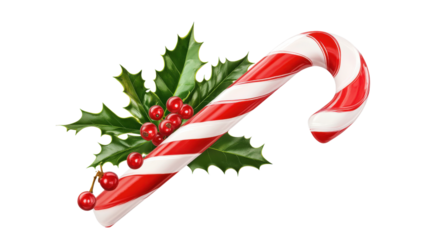 A red and white cane with berries on it. The cane is surrounded by a leafy green background