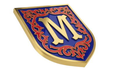 Isolated logo medallion displaying letter M, gold finish, royal blue and red enameled accents