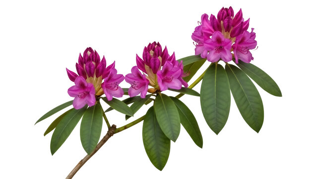 Isolated rhododendron blooming twig, vibrant purple flower cluster, lush green leaves, no background
