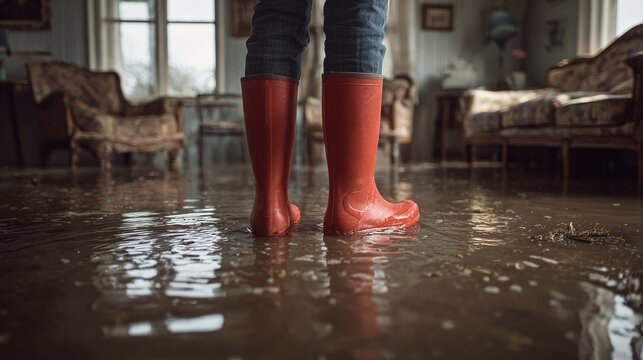 Feet in boots standing in a flooded house, showcasing the impact of water damage and the necessity of flood insurance, highlighting resilience amidst disaster.