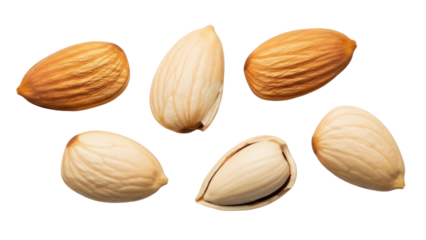 Isolated almonds unpeeled and peeled, in a group of six, presented at eye level for health food