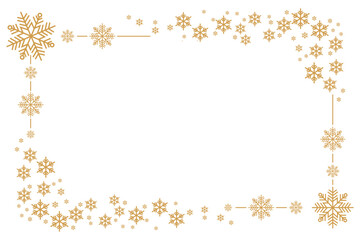 Elegant golden snowflake border frame on white background, minimalist winter and Christmas themed template ideal for greeting cards, invitations, holiday banners, posters and festive seasonal designs.