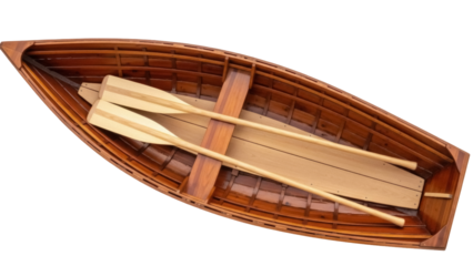 Isolated wood rowboat with oars, canoe, handmade wooden boat vessel, watercraft closeup