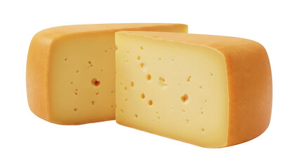 Isolated close-up of two wedges of traditional Swiss cheese, one partially obscured, fresh food