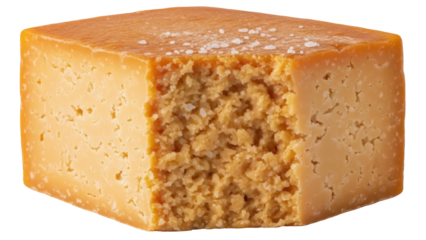 Isolated block of cheddar cheese with crunchy crystals adding texture and salty flavor food