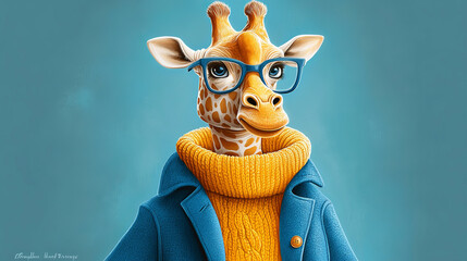  cartoon giraffe wearing a blue coat and yellow sweater, with a light cyan background, 