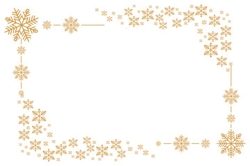 Elegant golden snowflake border frame on white background, minimalist winter and Christmas themed template ideal for greeting cards, invitations, holiday banners, posters and festive seasonal designs.