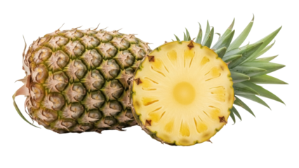Isolated pineapple half alongside a whole fruit with leaves, summer fruit, healthy food