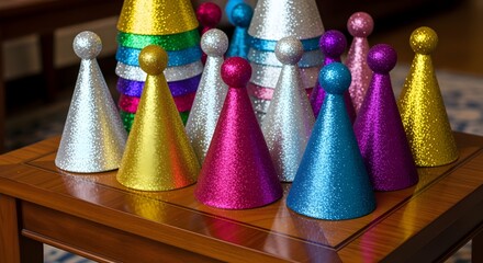 A vibrant collection of sparkling game pieces arranged on a wooden surface, evoking fun and friendly competition.