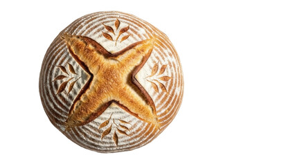 Isolated, artisanal loaf of bread with scoring decoration, made with sourdough starter