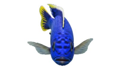 Isolated electric blue fish front view, tropical underwater creature with vivid coloration