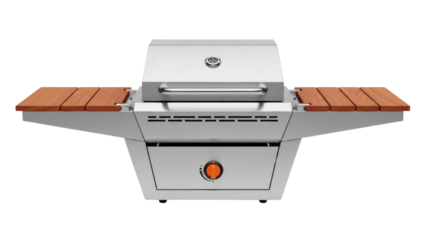 Isolated new silver metal gas grill, ready to prepare outdoor food at a backyard barbecue
