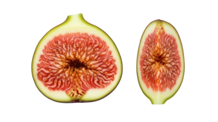Isolated halves of fresh fig fruit, juicy and appetizing, cut to reveal fleshy interior
