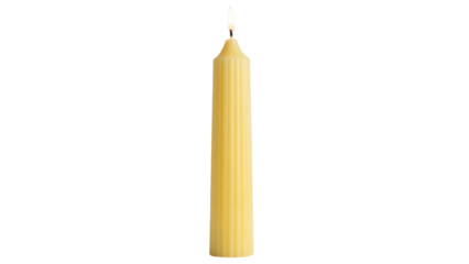 Isolated ribbed paraffin wax candle burning with a bright flame, elegant home decoration