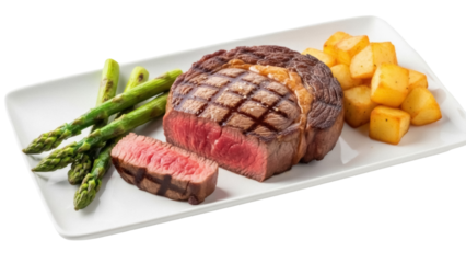 Isolated prime ribeye steak dish featuring grilled meat with asparagus and golden potato cubes
