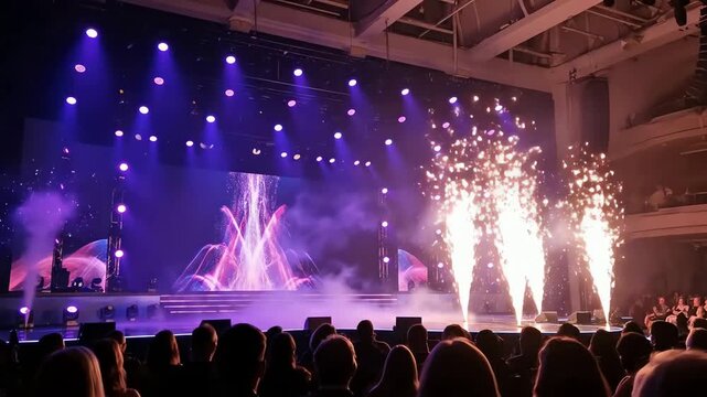 Spectacular stage performance with vibrant light show and pyrotechnics in front of an audience