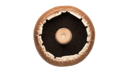 Isolated portobello mushroom view from bottom exposing gills on a plain backdrop, organic food