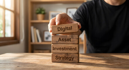 Business Strategy Concept with Wooden Blocks Spelling Digital Asset Investment Strategy