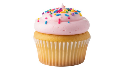 Isolated sweet cupcake with pink icing and colorful sprinkles, delicious baked good dessert